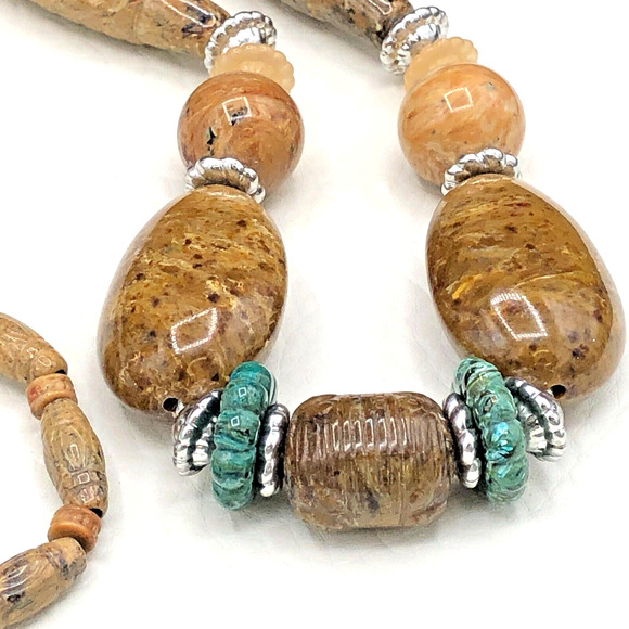 Estate Jewelry - Tribal Carved Style 24” Chunky Acrylic Bead Necklace Faux Sandstone Earth Tones